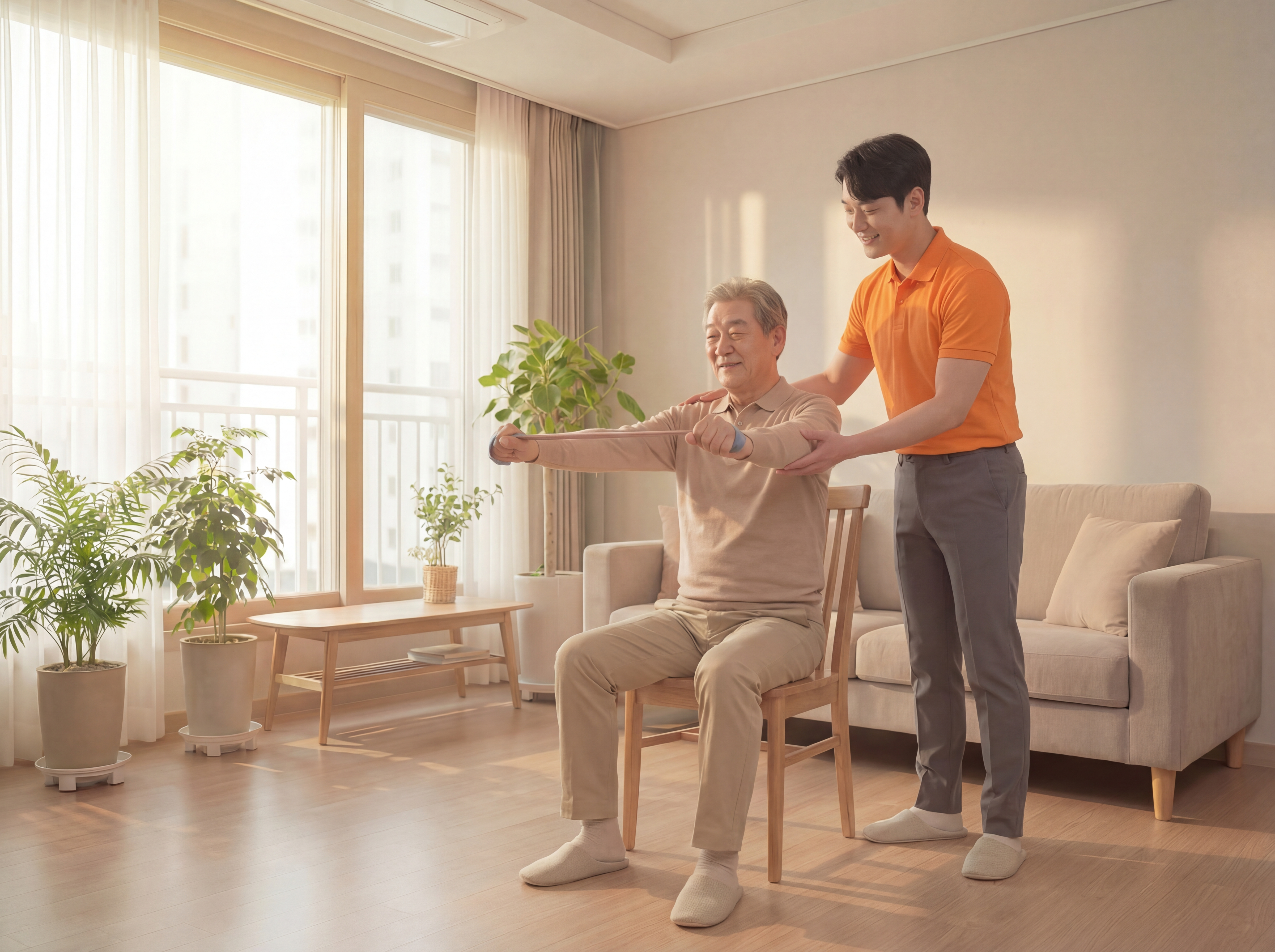 거실에서 시니어 맞춤 운동을 돕는 전문가