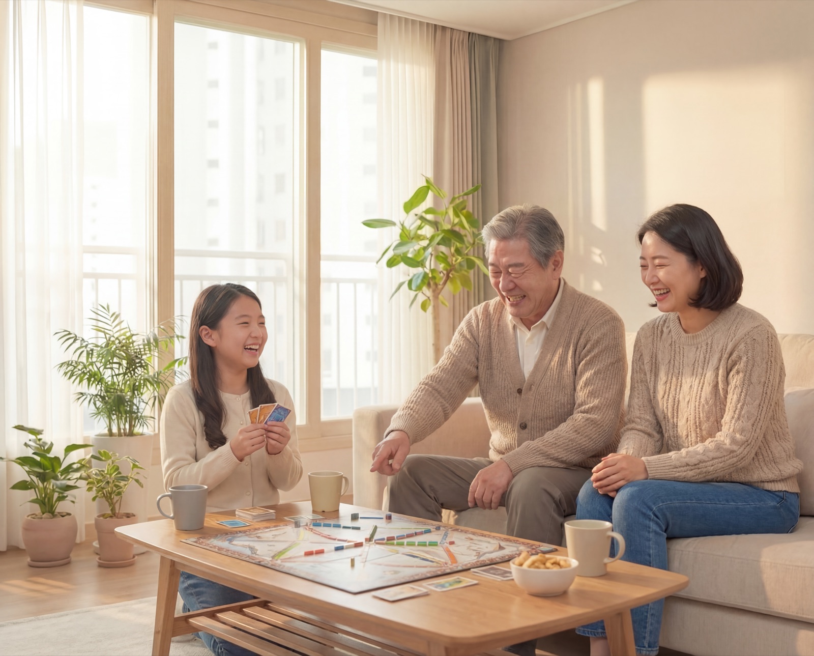 밝은 거실에서 가족과 함께 웃는 시니어