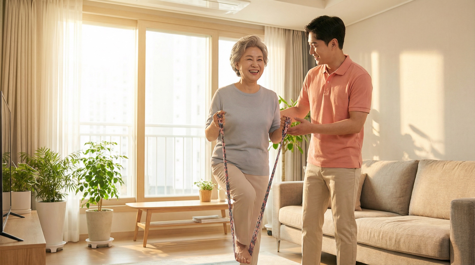 밝은 거실에서 전문가가 시니어의 운동을 돕는 모습