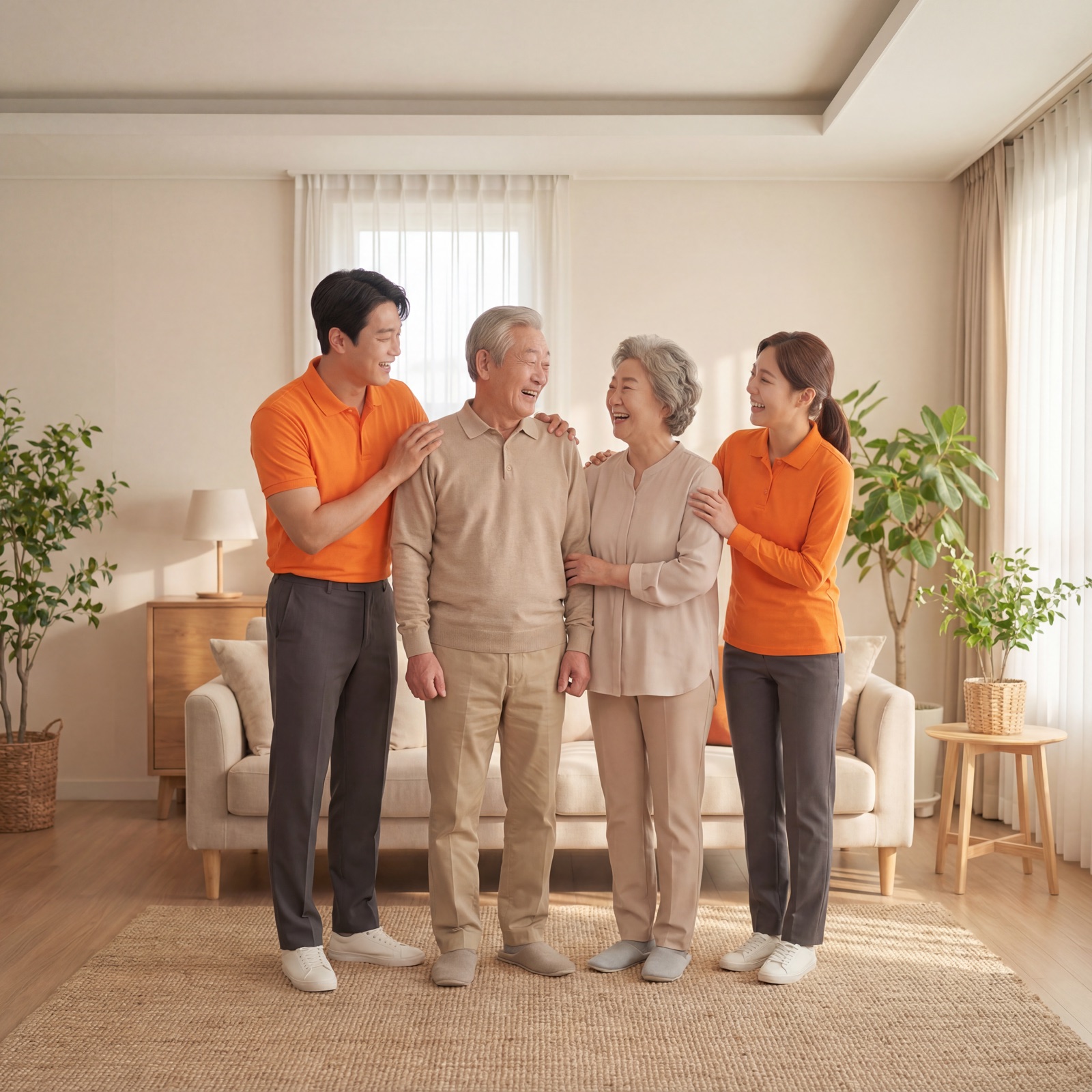 전문가와 시니어 부부가 거실에서 함께 웃는 모습
